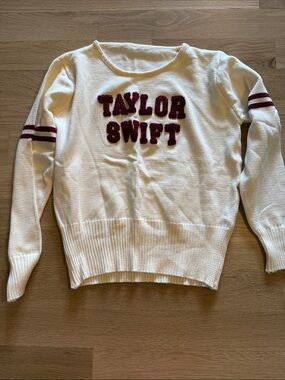Cream Crewneck Sweater with Maroon Chenille Lettering
